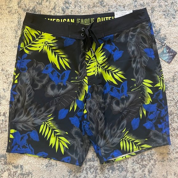 American Eagle Outfitters Other - NWT | American Eagle Hawaiian Floral Palm Print Black Board Shorts Swim Trunk L